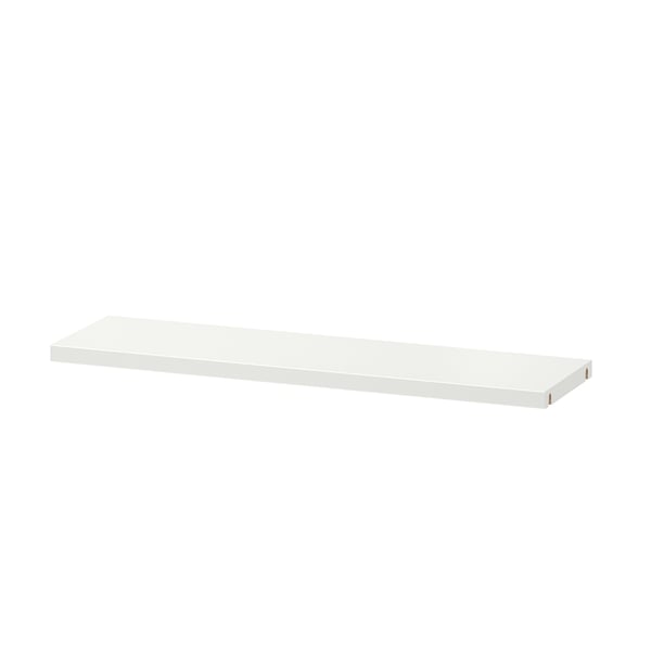 Witte BESTÅ plank, slank rechthoekig ontwerp, plat oppervlak, aan de muur bevestigd.