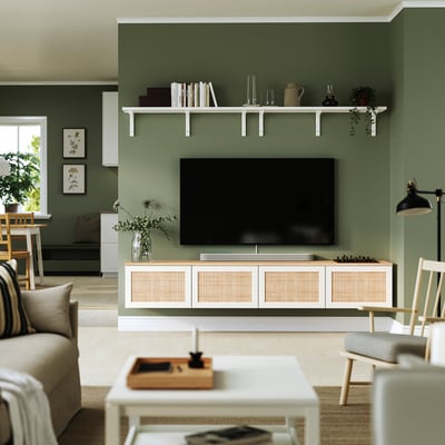 BESTÅ Tv-meubel met deuren, wit/Studsviken geweven populier, 240x42x40 cm