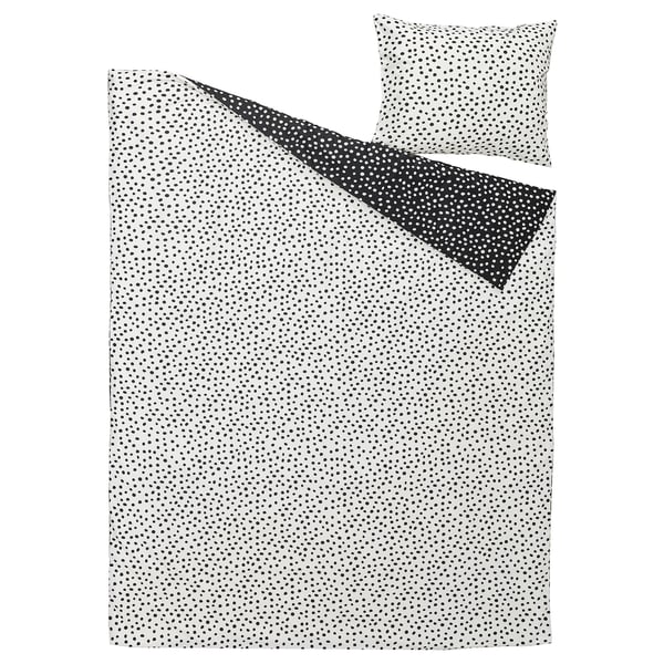 BJÖRKGRÅMAL dekbedovertrek - wit met zwarte stippen, zachte katoenmix, minimalistisch design