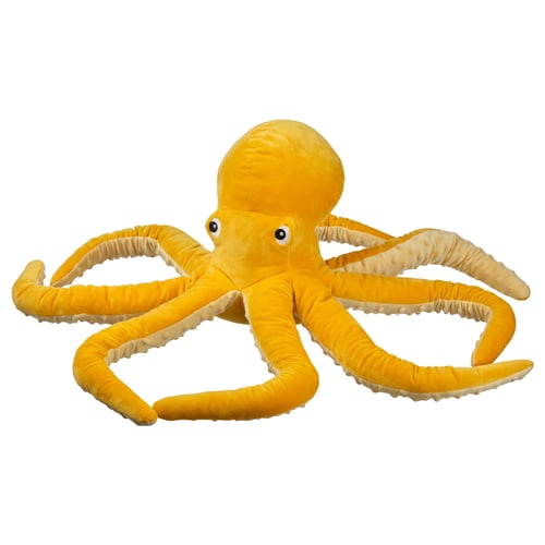 Felgele octopus pluche speelgoed. Zacht, knuffelbaar, met acht gekrulde armen. Gemaakt van gerecycled polyester.