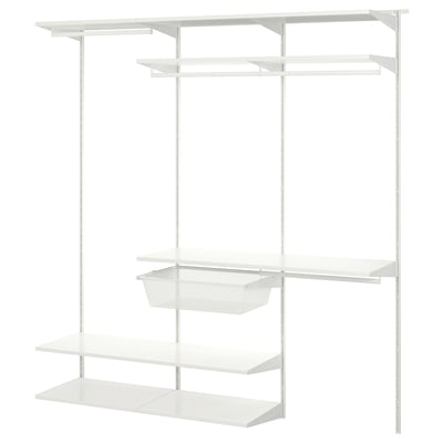 Wit metalen kastsysteem met legplanken en ophangstang.