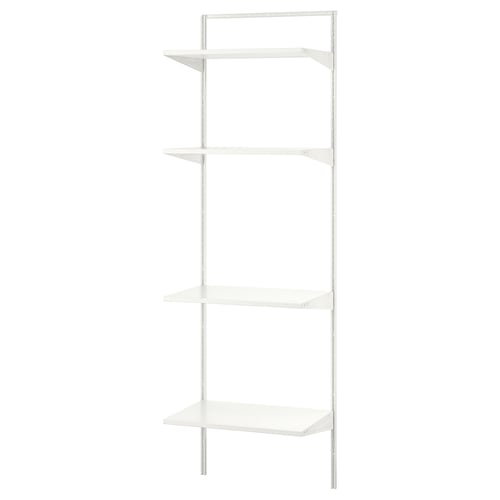 Een witte BOAXEL stellingkast met vier niveaus. Het minimalistische design metalen frames en spaanplaat planken, ideaal voor het organiseren van verschillende items.