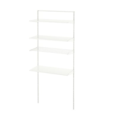 Witte BOAXEL wandplank, metaal & hout. Opslag op vier niveaus, modern minimalistisch ontwerp.