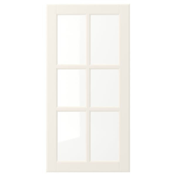 Een witte BODBYN-deur met een klassiek design en afgeschuinde panelen voor een traditionele uitstraling. Het heeft een gladde, gelakte afwerking en panelen van gehard glas.
