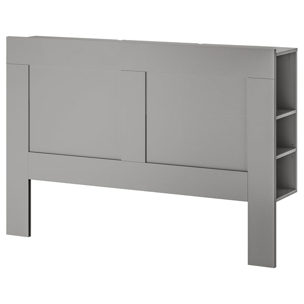 Grijs BRIMNES hoofdeinde, modern design, met verborgen opbergplanken, gemaakt van vezelplaat en spaanplaat, rechthoekige vorm.