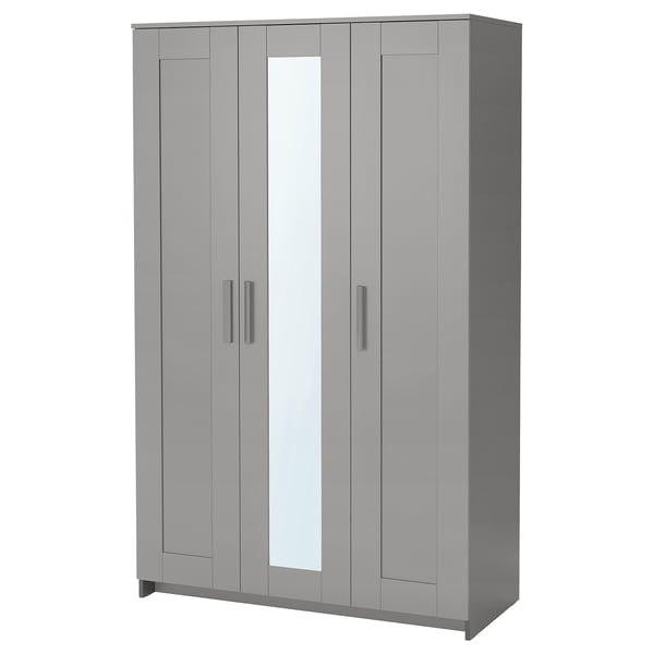 BRIMNES grijze kledingkast, spiegeldeur, drie delen, grijs, rechthoekig, modern minimalistisch.