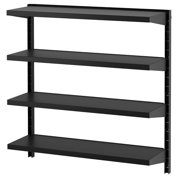 Een zwarte BROR stellingkast met vier verstelbare planken van gepoedercoat gegalvaniseerd staal, ideaal voor garageopslag.
