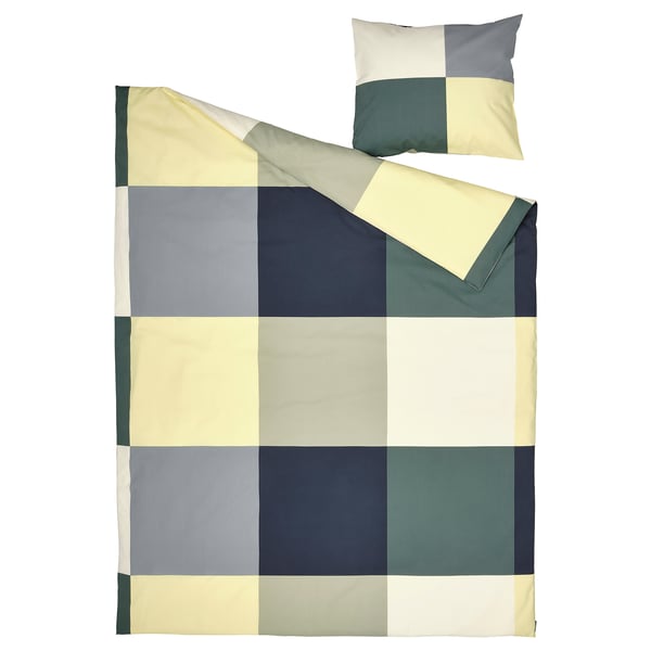 Geruit BRUNKRISSLA beddengoed set in geel, groen, grijs, blauw; Zachte katoen-viscose.