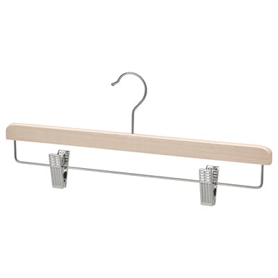 BUMERANG hanger, beige hout, chromen clips, rok/broek vorm, verstelbaar, houdt kleding netjes.