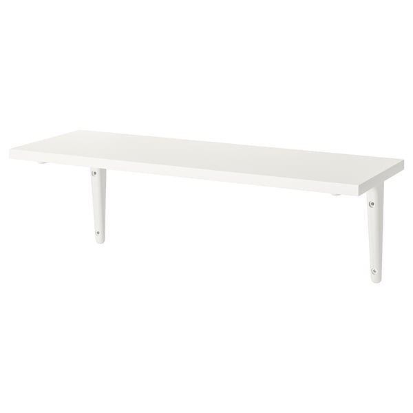 Een witte BURHULT wandplank met metalen beugels.
