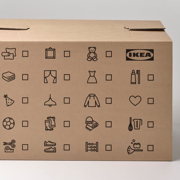 Platte kartonnen ikea-doos met verschillende pictogrammen en tekst, klaar om te verhuizen en op te bergen.