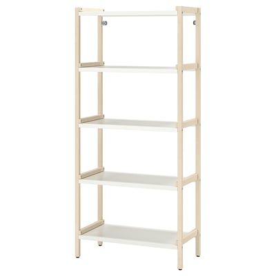 Ikea EKENABBEN witte metalen en houten stellingkast met vier lege planken.