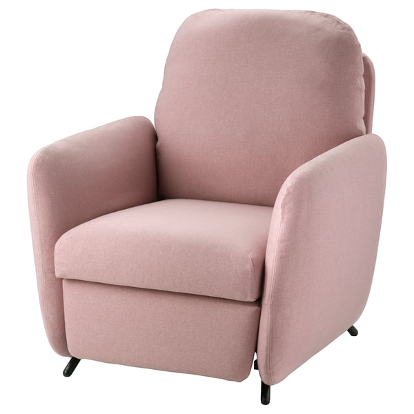 Een EKOLSUND relaxfauteuil in lichtroze, met afgeronde vormen, drie verstelbare standen en comfortabele kussens met 10 jaar garantie.