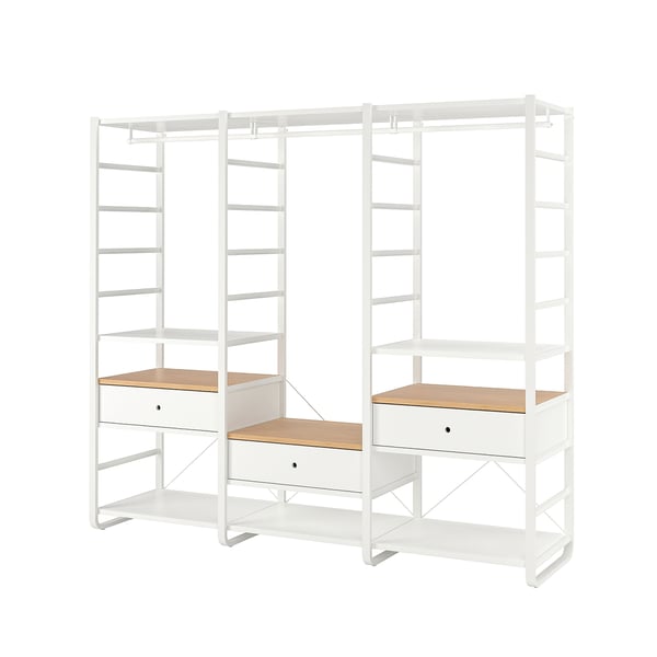 ELVARLI opbergmeubel, wit, metaal en bamboe, modulair, open legplanken, lades, wandmontage.