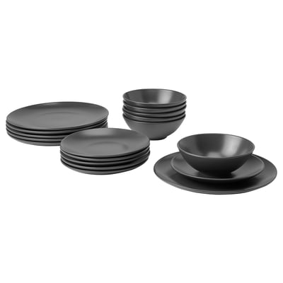 Ikea FÄRGKLAR set van 4 zwarte borden, donkere matte borden en kommen, eenvoudig minimalistisch ontwerp.