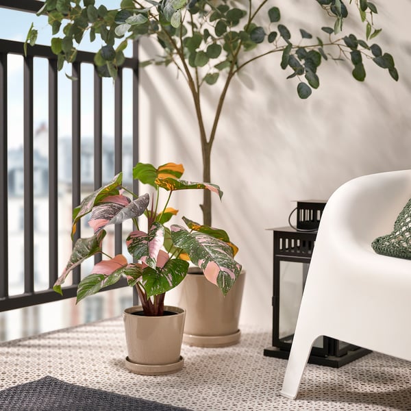 Balkon met FEJKA-plant, witte stoel, zwarte lantaarn, uitzicht op de stad.
