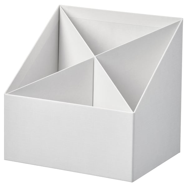 Een witte FJÄDERHARV bureau-organizer met vier vakken, gemaakt van gerecycled karton.