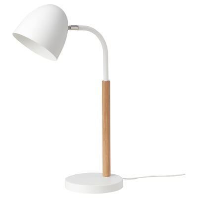 Witte FRANSALG bureaulamp met verstelbare bamboe hals en ronde voet.
