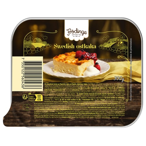FRÖDINGE zweedse ostkaka verpakking. Dessert op plaat. Gouden etiket met boerderijafbeeldingen.