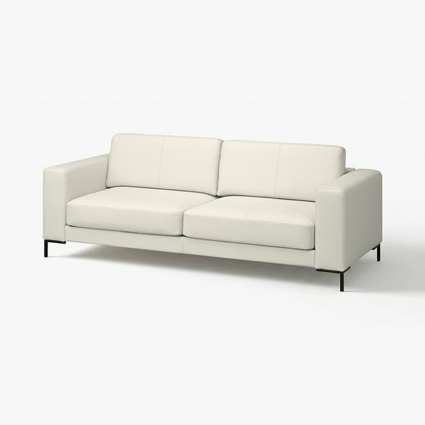 Moderne witte leren bank, minimalistisch ontwerp, strakke lijnen, comfortabele kussens, zwarte metalen poten.