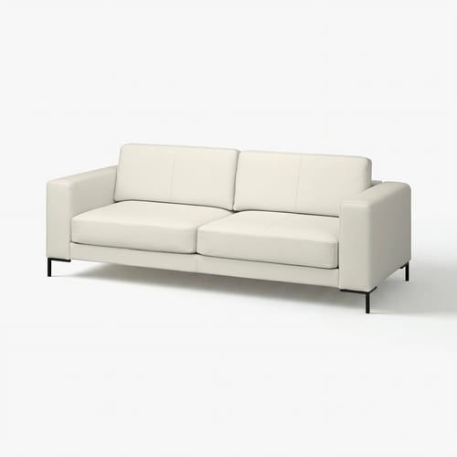 Moderne witte leren bank, minimalistisch ontwerp, strakke lijnen, comfortabele kussens, zwarte metalen poten.