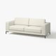 Moderne witte leren bank, minimalistisch ontwerp, strakke lijnen, comfortabele kussens, zwarte metalen poten.