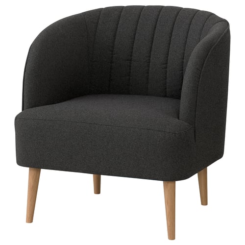 Donkergrijze fullosa vatstoel met houten poten, rugleuning, ondersteunende ergonomische vorm.