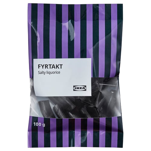 IKEA FYRTAKT zoute drop snoepzak, 100gr, paarse strepen.