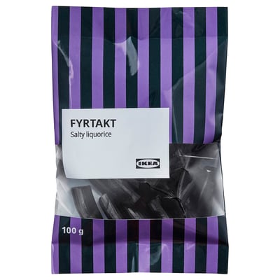 IKEA FYRTAKT zoute drop snoepzak, 100gr, paarse strepen.