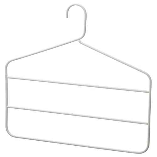 Een grijze GÅRDSMÄSTARE hanger, gemaakt van metaal, ontworpen om meerdere broeken of rokken efficiënt op te hangen.