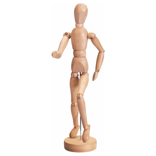 Een GESTALTA houten mannequin, natuurlijk van kleur, gemaakt van massief hout met verstelbare gewrichten, staande op een ronde voet.
