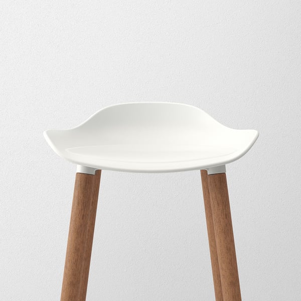 Moderne barkruk met strakke witte zitting, stoere houten poten, minimalistisch design.