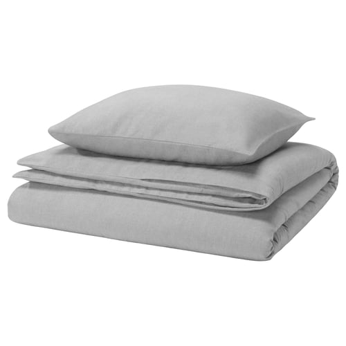 GROVSNÄRJA: lichtgrijs, getextureerd, gevouwen grijs katoenen dekbed en kussenset.