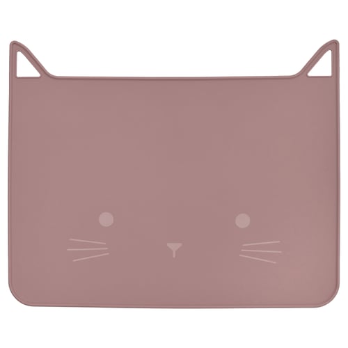Toont een lichtroze GULDVÄVARE siliconen placemat, ontworpen als een kattengezicht met oren, snorharen en ogen. Het is vierkant en waterdicht.