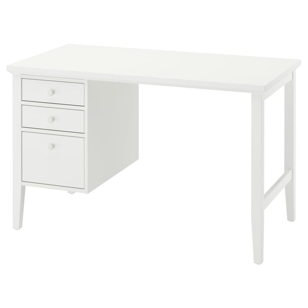 Een GULLABERG wit bureau met drie lades. Het is een volledig wit, rechthoekig houten bureau met gladde randen, perfect voor een thuiskantoor.