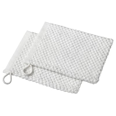 Twee witte katoenen GULVIAL washandschoenen, netjes gestapeld, zacht, met textuur en lussen om op te hangen.