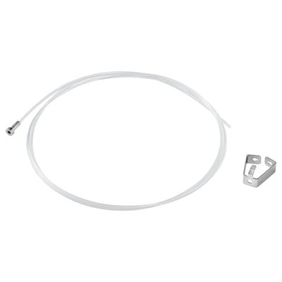 Een HAGHED product, een doorzichtige plastic buis met een metalen connector en een metalen beugel.