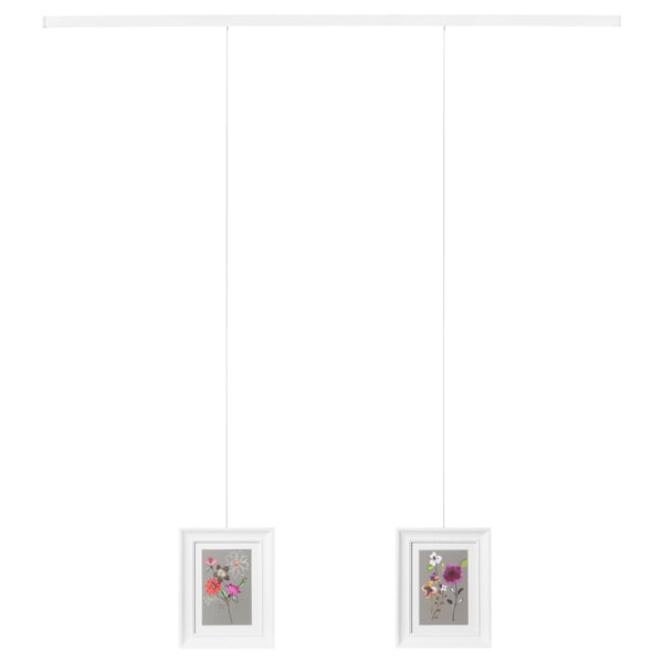 Aan de muur gemonteerde ophangrail voor foto's biedt plaats aan 1 of 2 frames, verstelbare lengte, inclusief haken en wandbevestigingen.