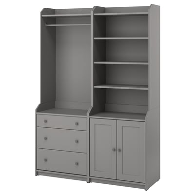 HAUGA grijze kastcombinatie: 3 planken, 3 laden, ophangstang, traditionele stijl.