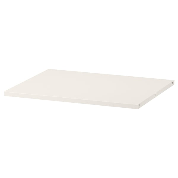 Een witte HAUGA plank van ikea, rechthoekig van vorm, gemaakt van papierfolie en spaanplaat, met gladde randen en een eenvoudig ontwerp.