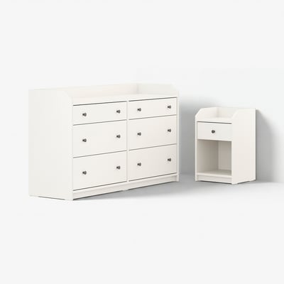 Witte HAUGA slaapkamerset met brede kist en nachtkastje.