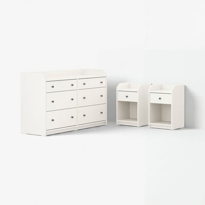 Driedelig wit slaapkamerset: ladekast met 6 lades, twee nachtkastjes. Modern, strak en functioneel ontwerp.