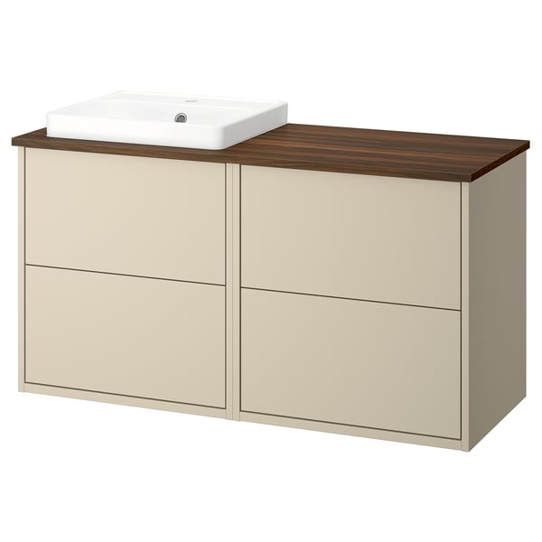 Een HAVBÄCK beige badkamermeubel met een houten aanrecht en een wit keramisch wasbakje.