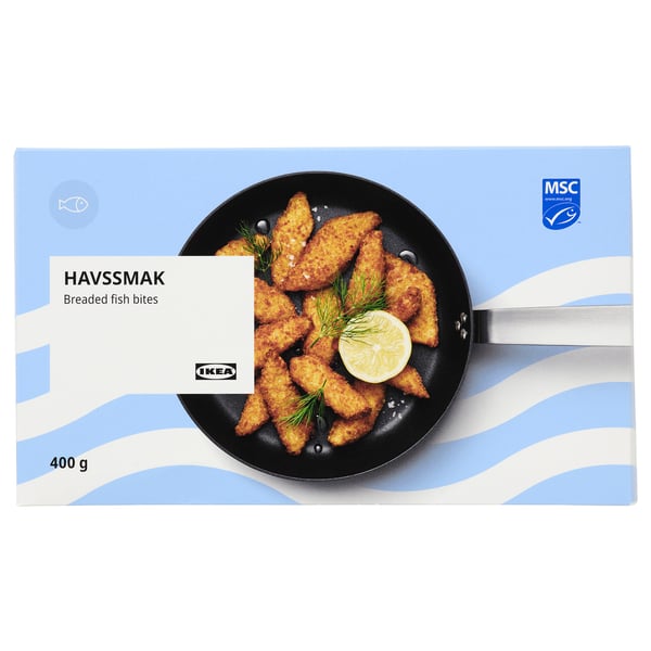 Ikea HAVSSMAK: gepaneerde vishapjes in dozen, 400g, in blauwe verpakking.