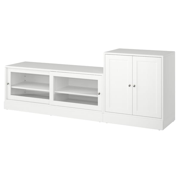 Witte HAVSTA meubelset, met open en gesloten opbergruimte met massief grenen en blanke lakafwerking.