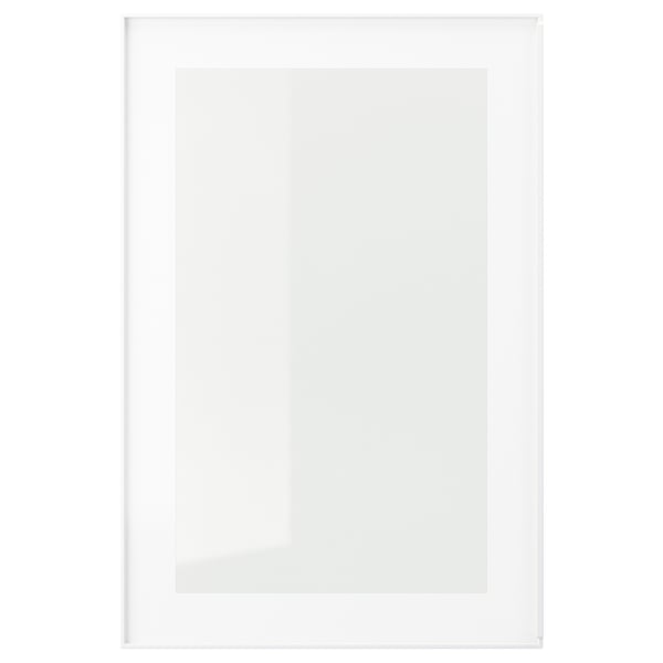 Een witte HEJSTA glazen kastdeur met een aluminium frame. Het heeft een helder glazen paneel, een geïntegreerd handvat en een witte decoratieve rand.