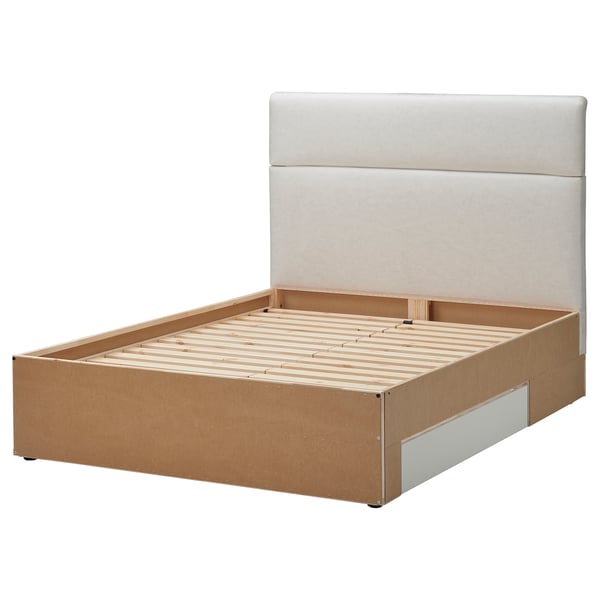 Modern bed met lichtgrijs gestoffeerd hoofdeinde, houten latten en opberglade.