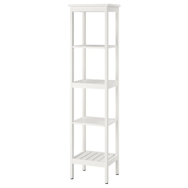 Wit HEMNES opbergmeubel, 4-laags open planken, gebruik in de badkamer, eenvoudig tijdloos design.