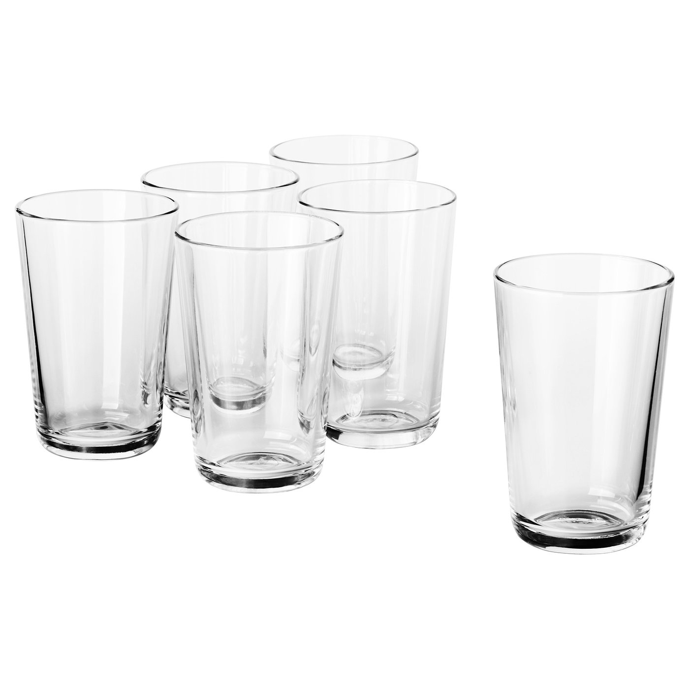 IKEA 365+, zes heldere bekers van gehard glas; Eenvoudige, rechte vorm.