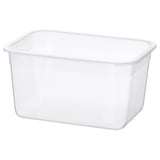 Een heldere, lege IKEA 365+ plastic voedselcontainer, rechthoekig van vorm, ideaal voor het bewaren van restjes.